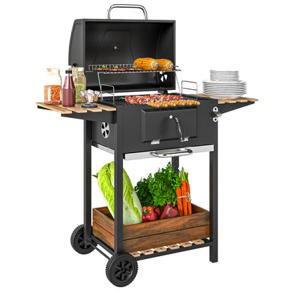 Outsunny Charcoal BBQ Grill with Height Adjustable Charcoal Pan, Portable Barbecue Smoker with Warming Rack, 3 Shelves, Temperature Gauge, Wheels, Bottle Opener for Outdoor Cooking Garden Party