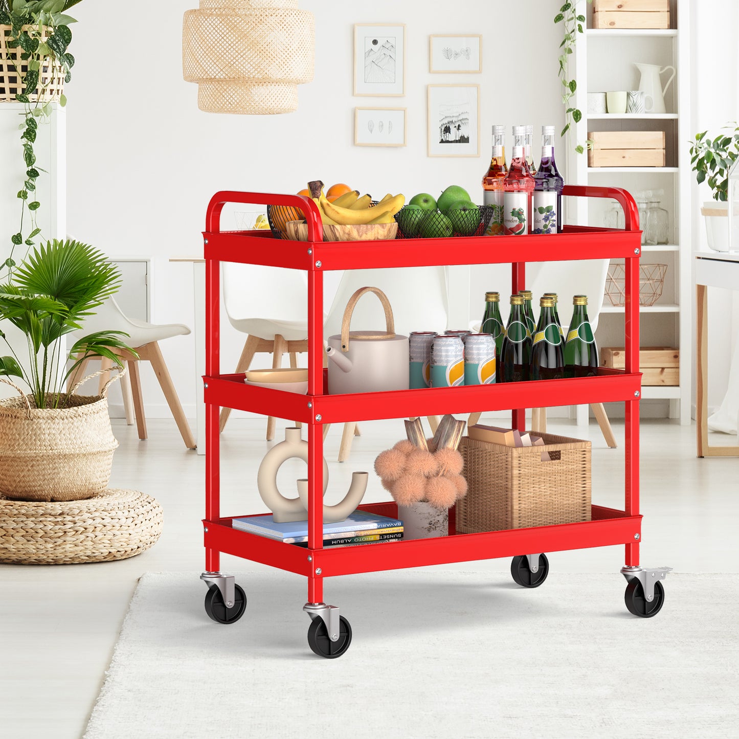 3-Tier Tool Trolley with 2 U-Handles and Lockable Wheels-Red
