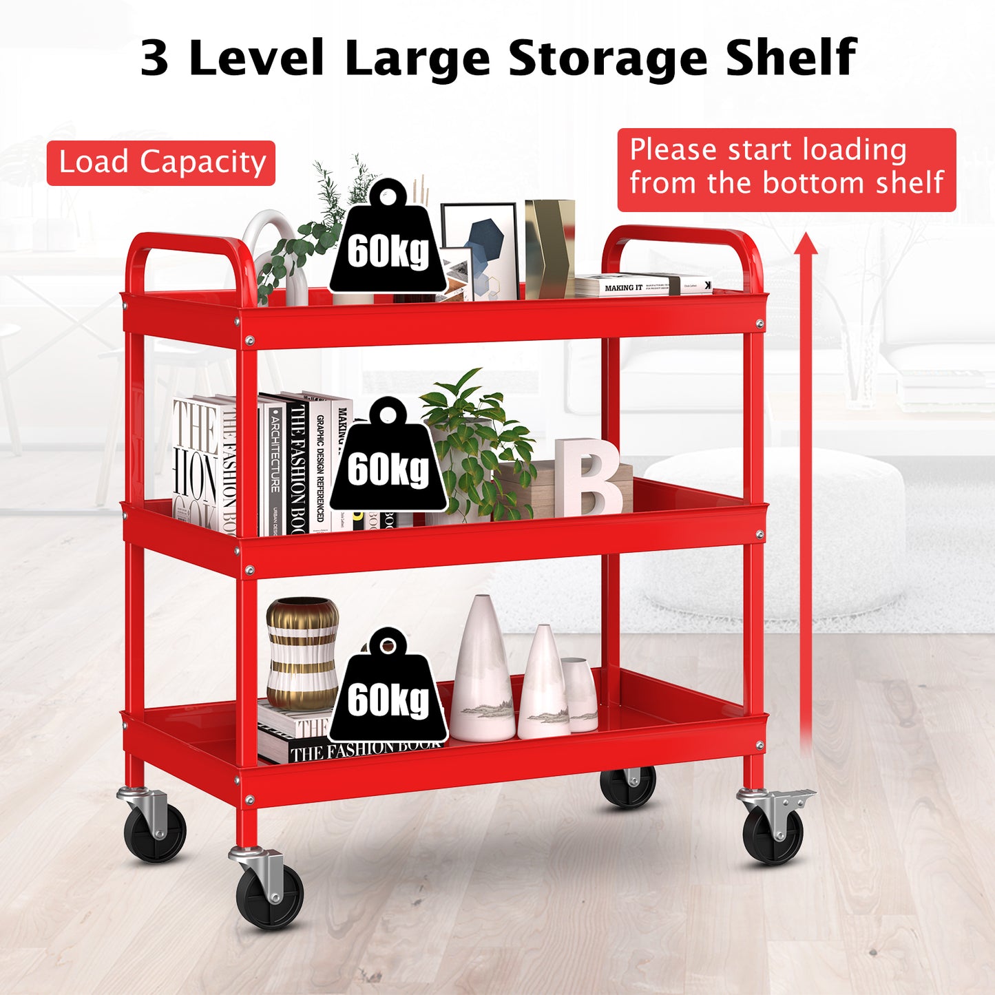 3-Tier Tool Trolley with 2 U-Handles and Lockable Wheels-Red