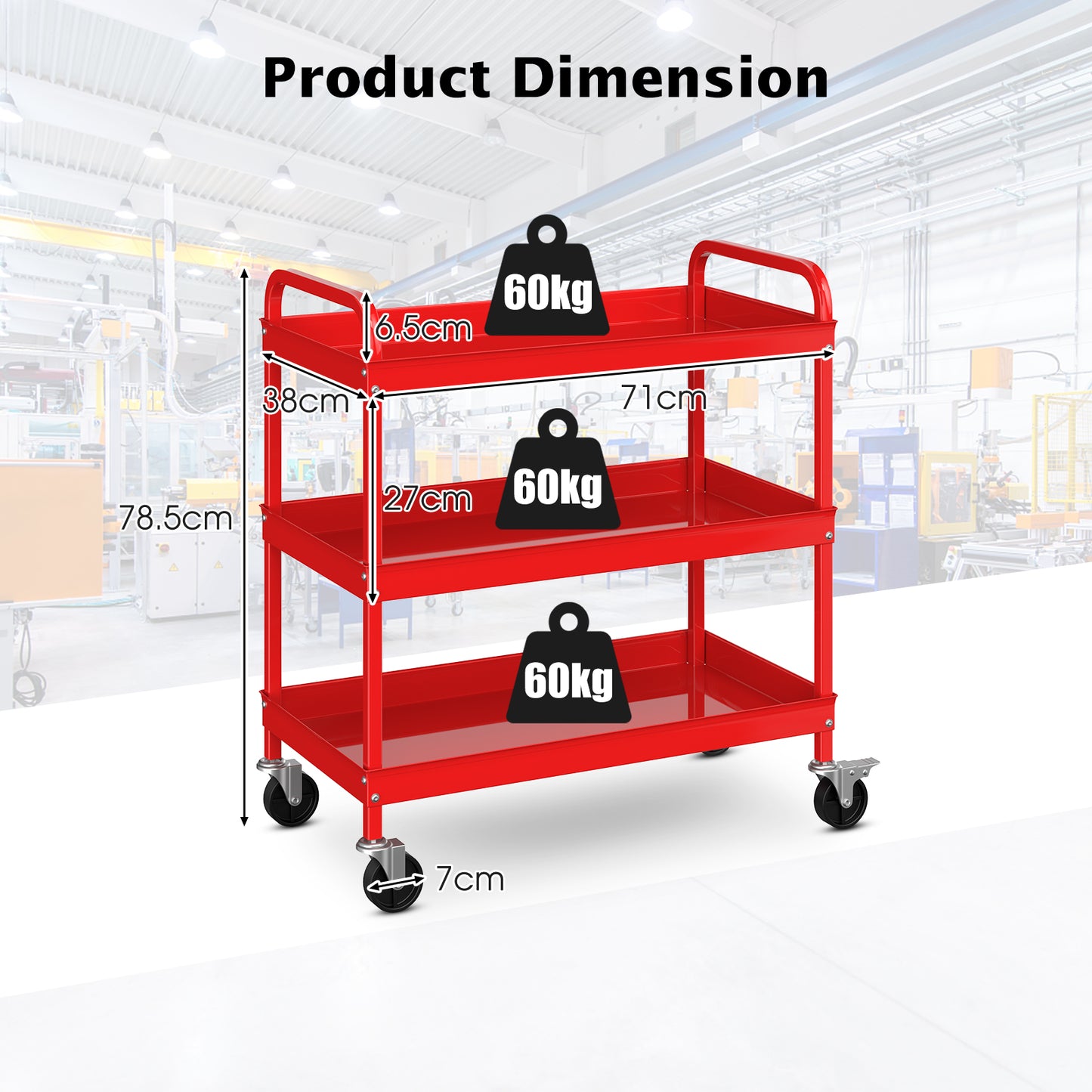3-Tier Tool Trolley with 2 U-Handles and Lockable Wheels-Red