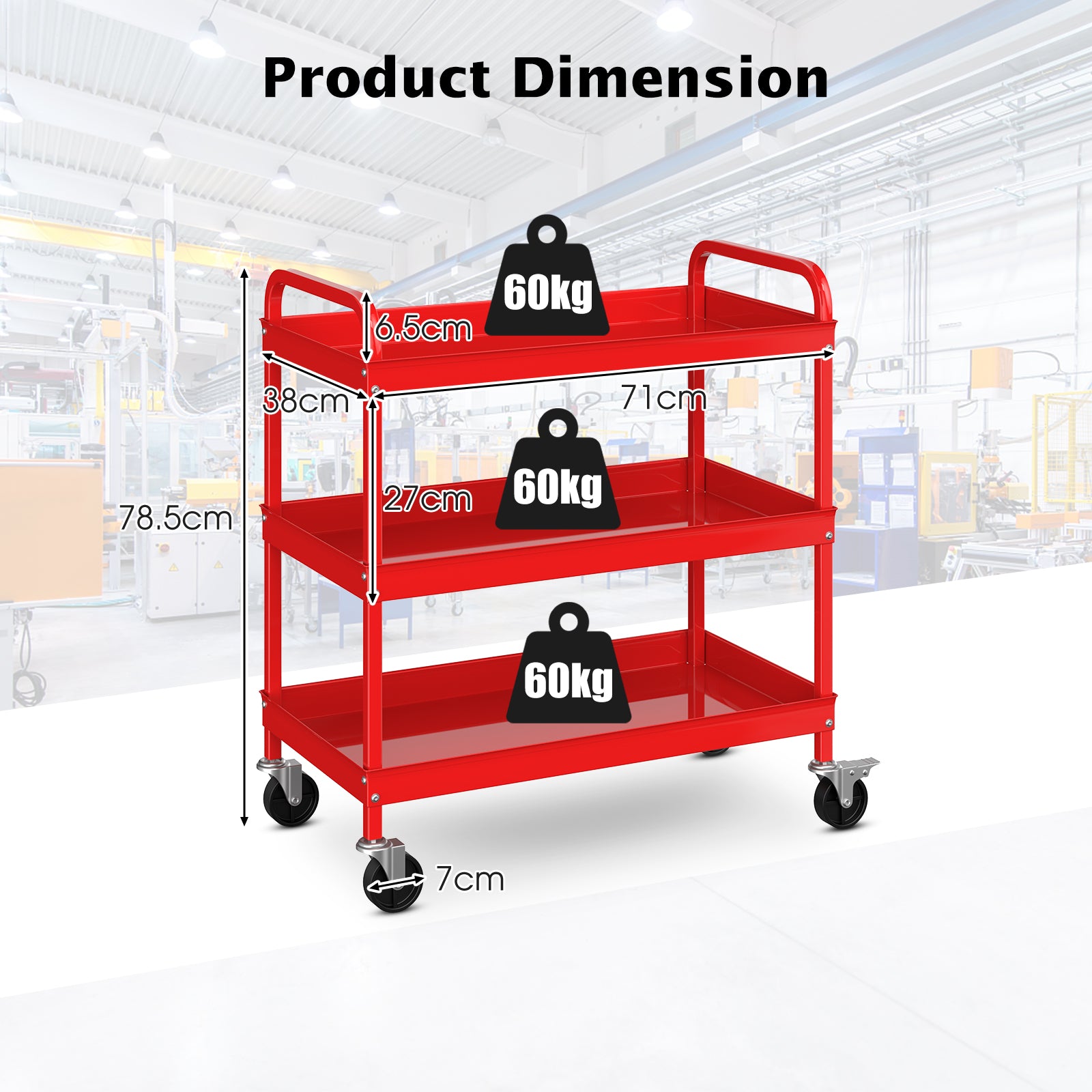 3-Tier Tool Trolley with 2 U-Handles and Lockable Wheels-Red