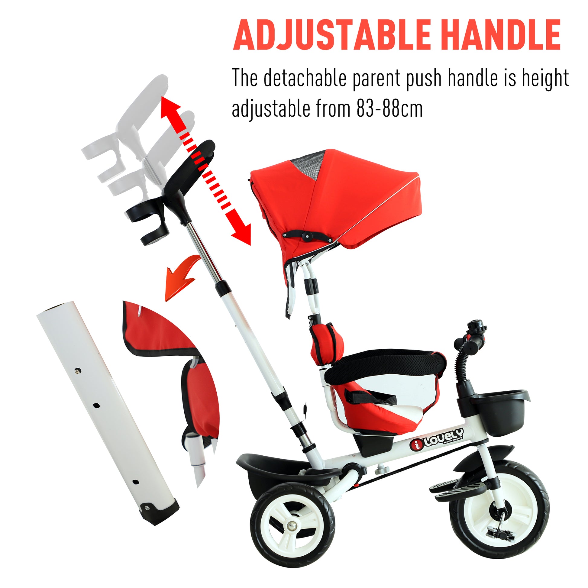 HOMCOM 4-in-1 Kids Tricycle Stroller W/ Canopy-Red