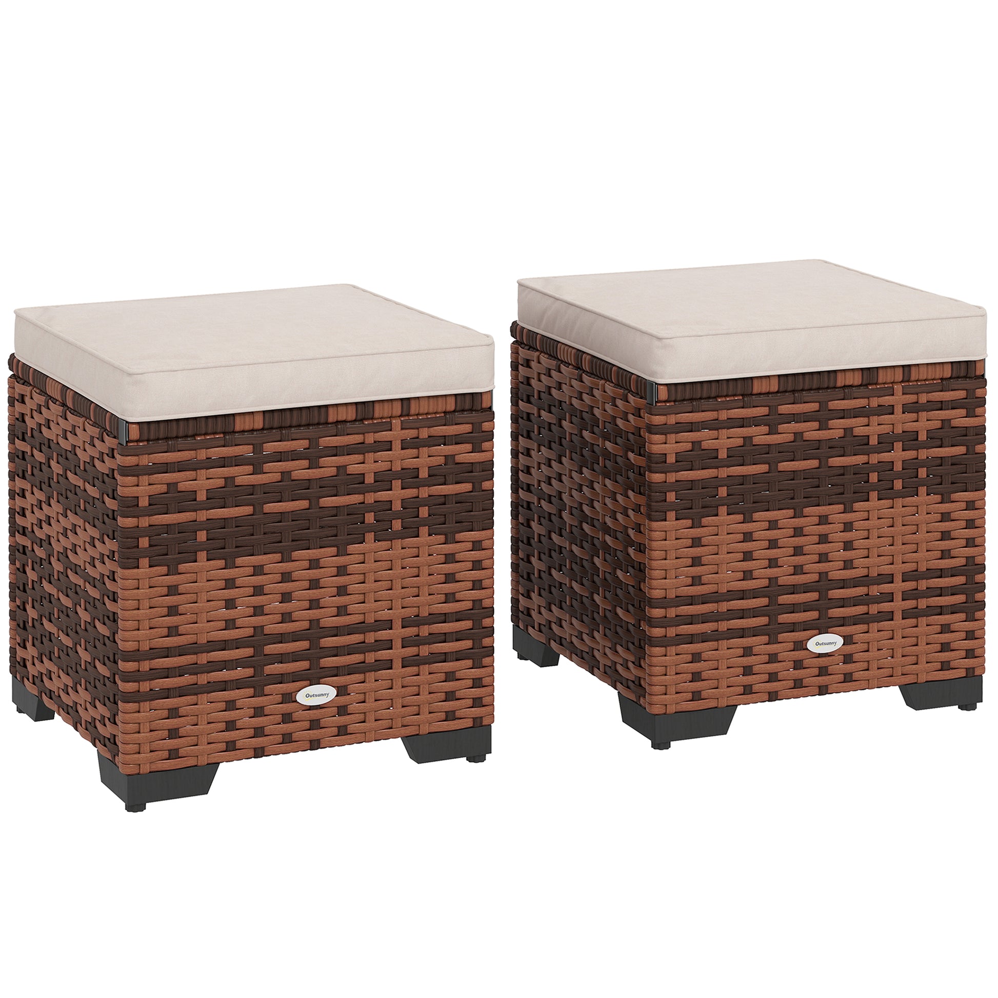 Outsunny Set of 2 Rattan Storage Ottoman, Outdoor Footstool with Removable Cushions, Garden Storage Seat for Balcony, Poolside, Living Room, Beige