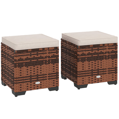 Outsunny Set of 2 Rattan Storage Ottoman, Outdoor Footstool with Removable Cushions, Garden Storage Seat for Balcony, Poolside, Living Room, Beige