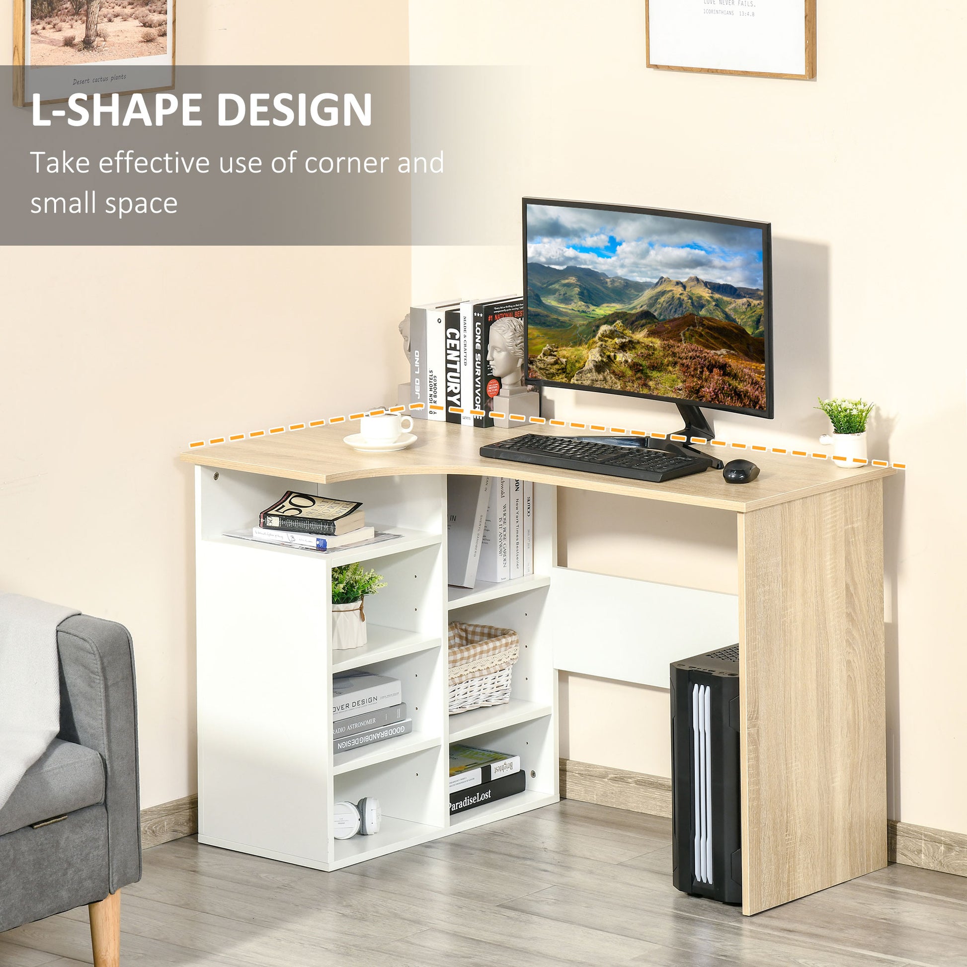 HOMCOM L-Shaped Corner Computer Desk Study Table PC Work w/ Storage Shelf Office Home Workstation - Oak Tone and White
