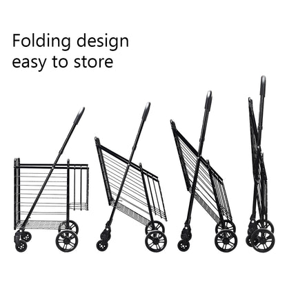 Folding Height Adjustable Shopping Trolley with Handle and Wheels-Black