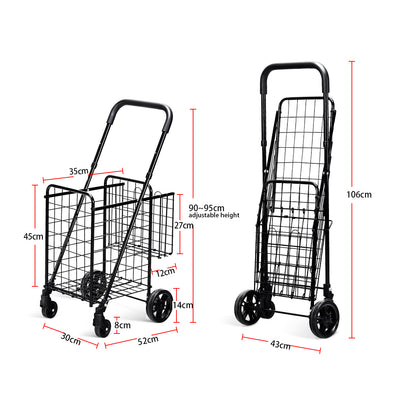 Folding Height Adjustable Shopping Trolley with Handle and Wheels-Black