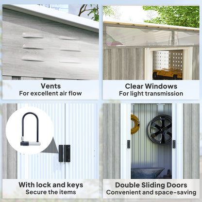 Outsunny 6.5 x 4FT Galvanised Metal Shed with Foundation Kit, Lockable Tool Garden Shed with Double Sliding Doors, Vents, Light Grey Wood Effect