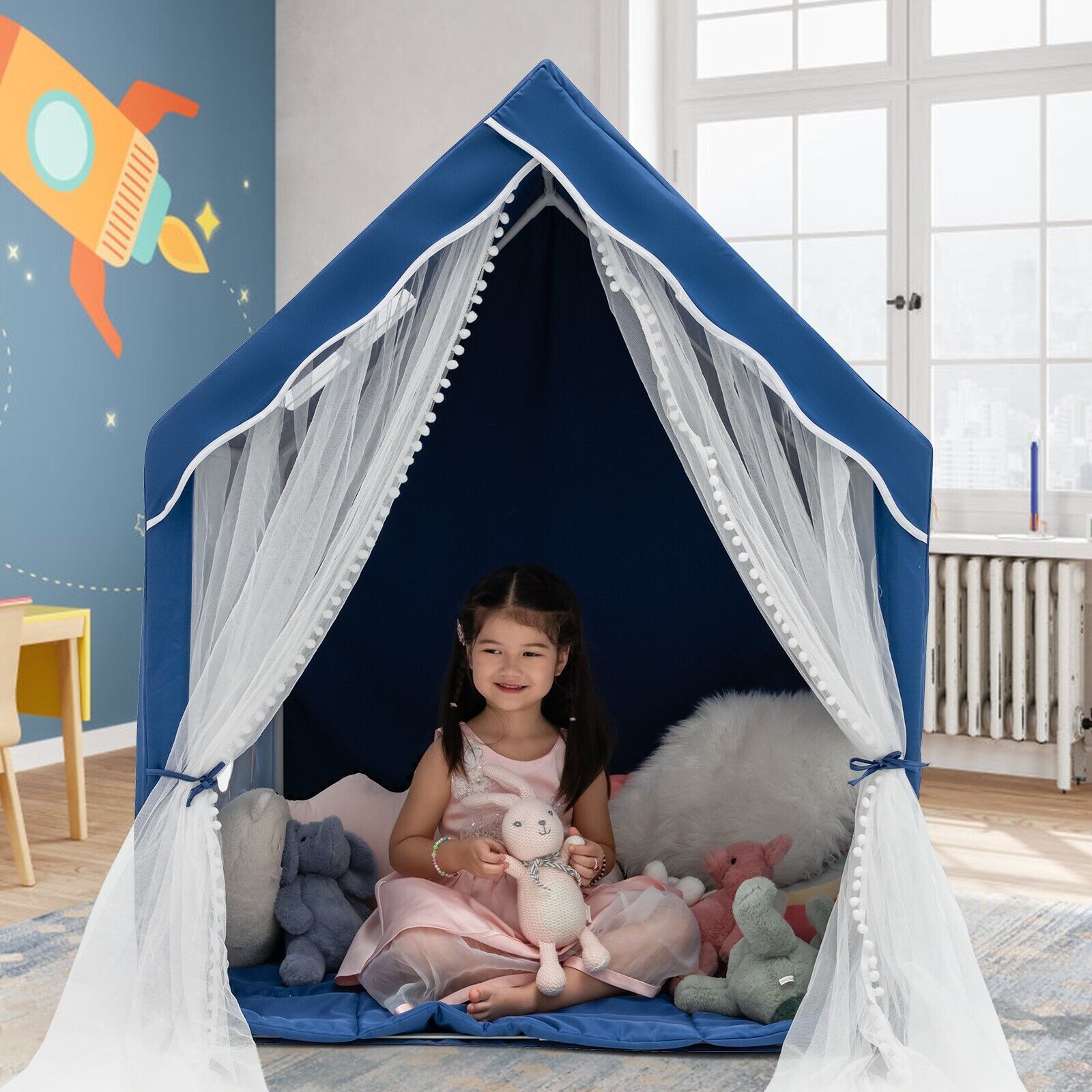 Kids Play Tent with Washable Mat and Windows-Blue