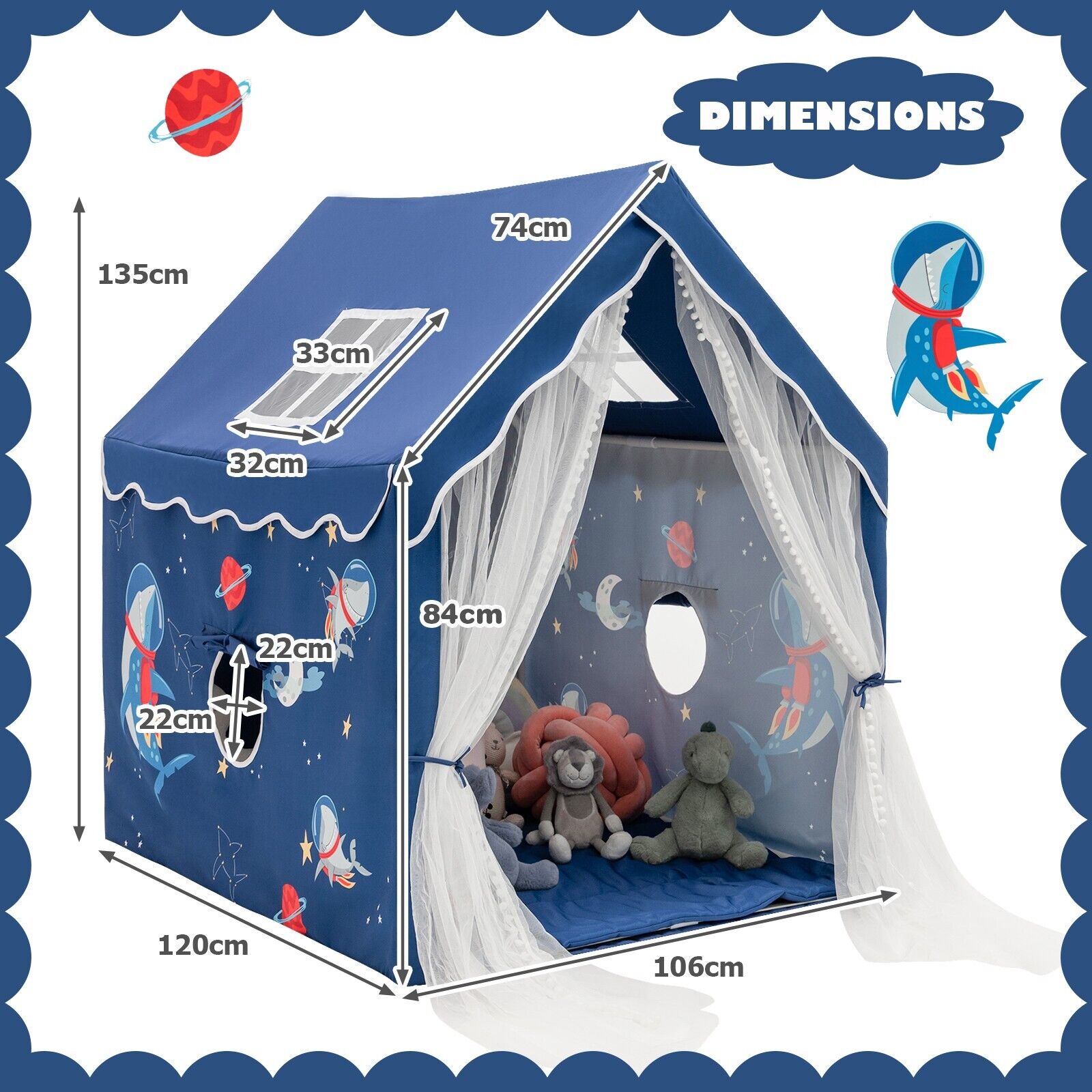 Kids Play Tent with Washable Mat and Windows-Blue