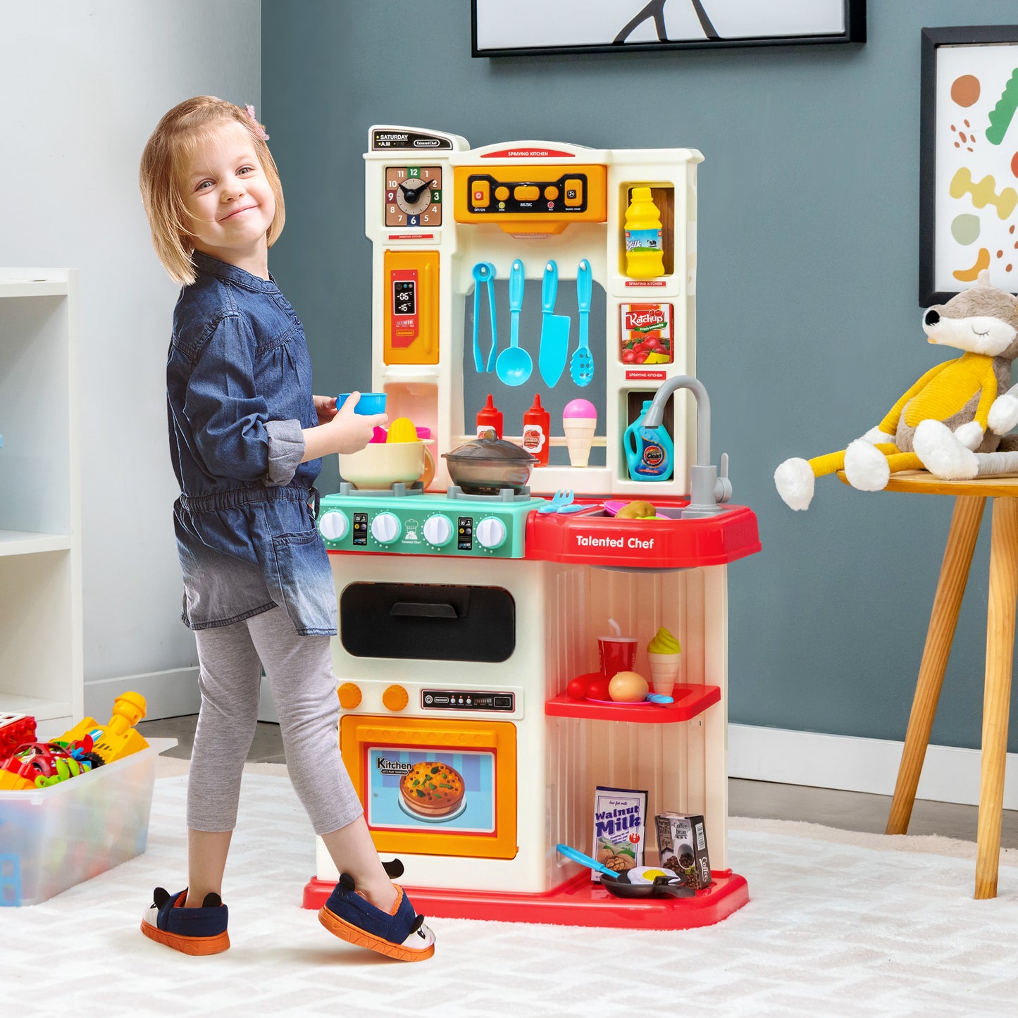 Kids Kitchen Playset with 65 Pieces Accessories-Pink