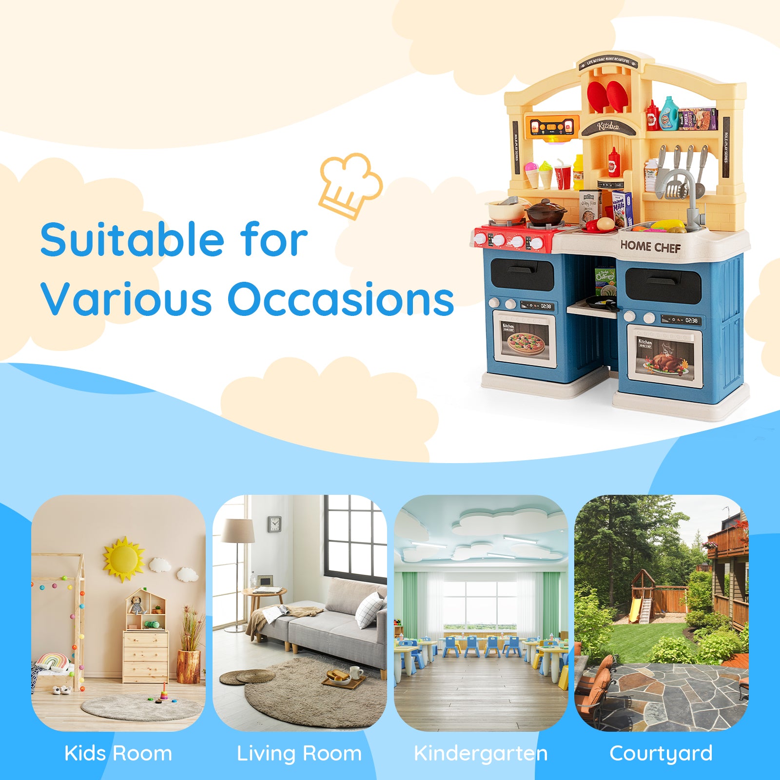 69 Pieces Kids Kitchen Playset Toy with Boiling and Vapor Effects-Blue