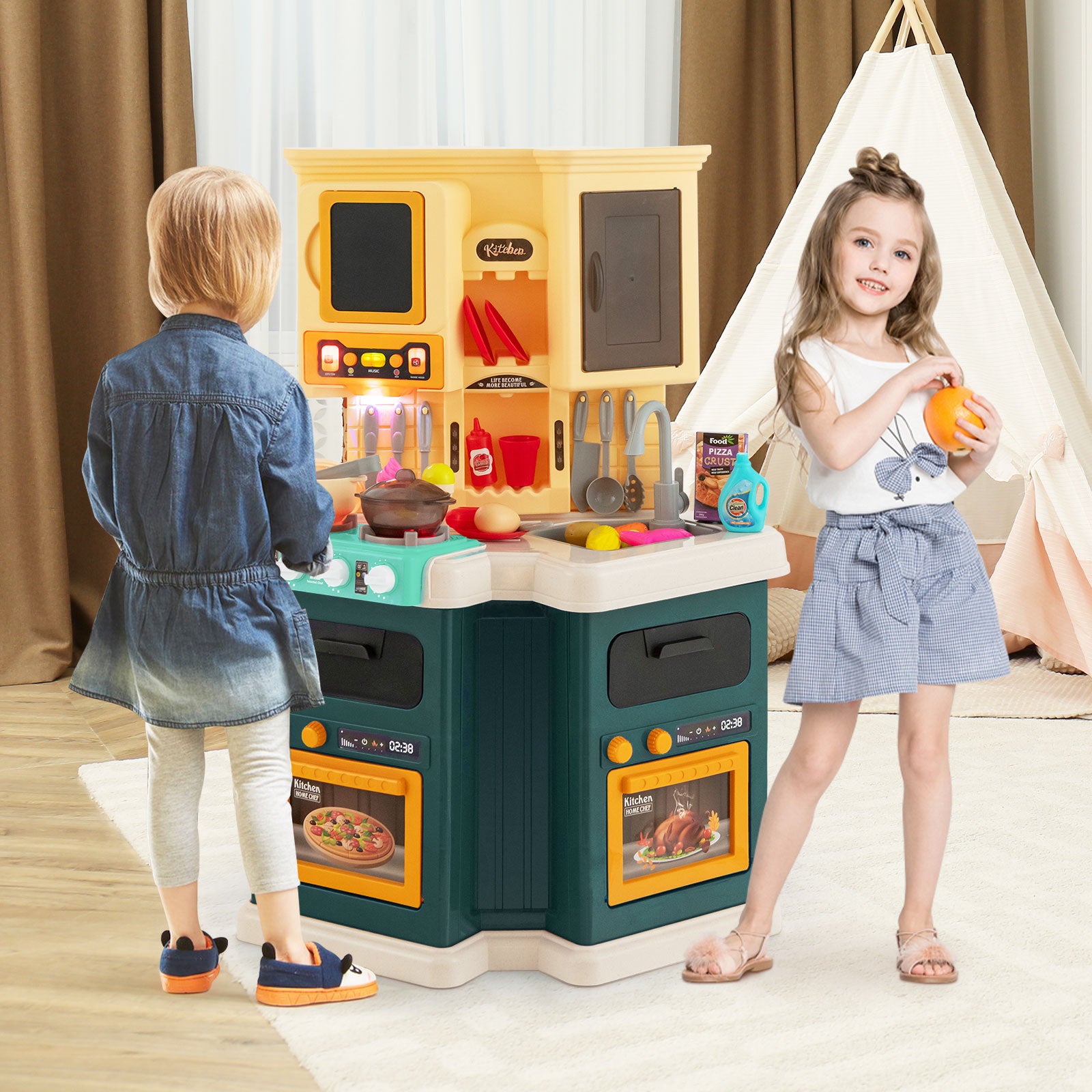 67 PCS Kid’s Kitchen Playset with Vapor and Boil Effects and Running Water-Navy