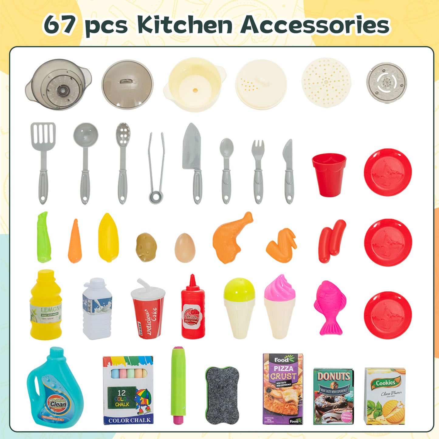 67 PCS Kid’s Kitchen Playset with Vapor and Boil Effects and Running Water-Navy