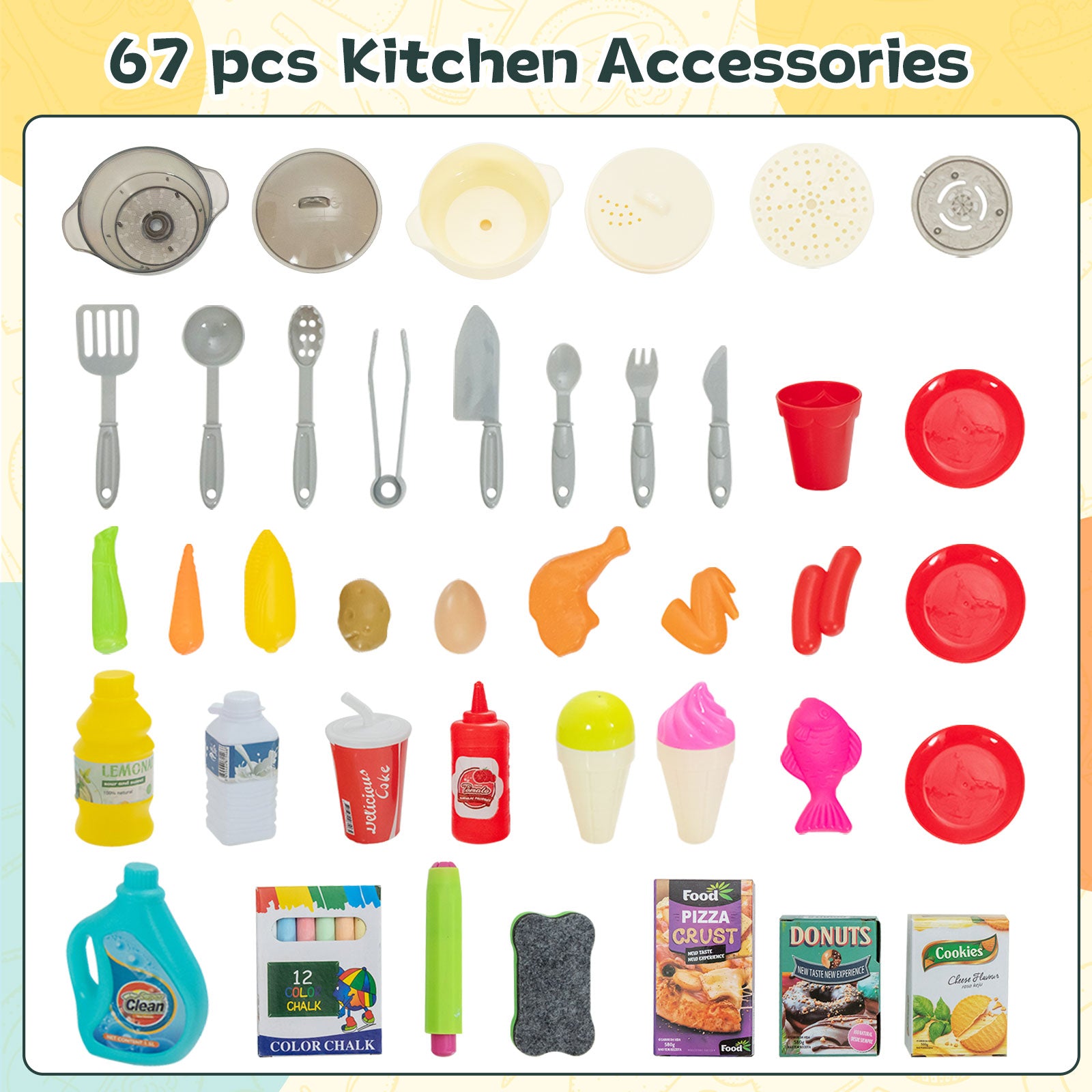 67 PCS Kid’s Kitchen Playset with Vapor and Boil Effects and Running Water-Navy