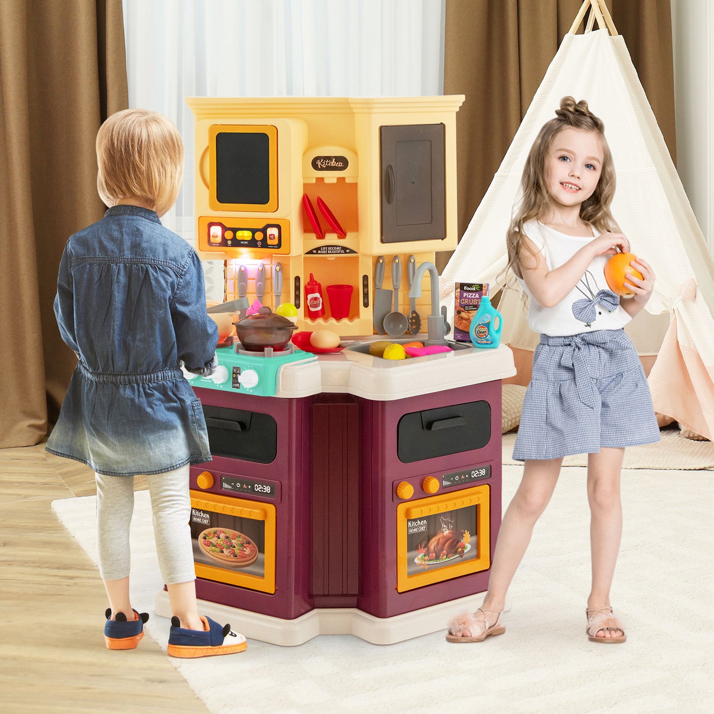 67 PCS Kid’s Kitchen Playset with Vapor and Boil Effects and Running Water-Red