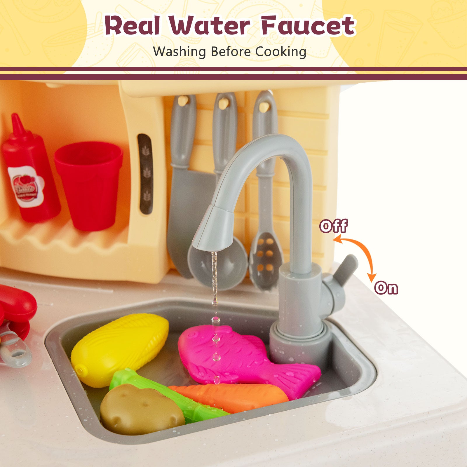 67 PCS Kid’s Kitchen Playset with Vapor and Boil Effects and Running Water-Red