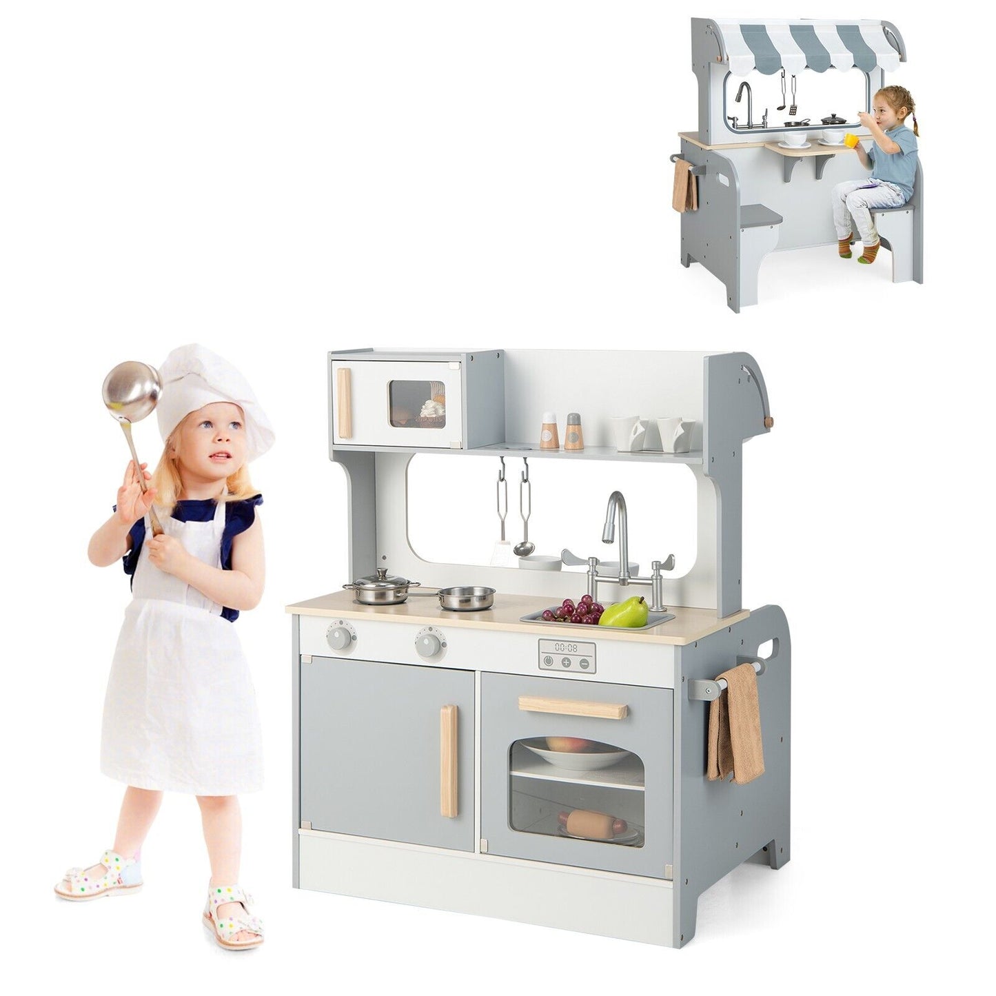 Double Sided Kids Kitchen Playset with Microwave Sink Oven-Grey