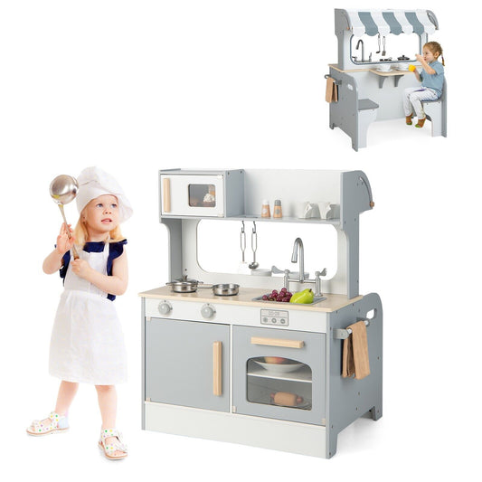 Double Sided Kids Kitchen Playset with Microwave Sink Oven-Grey