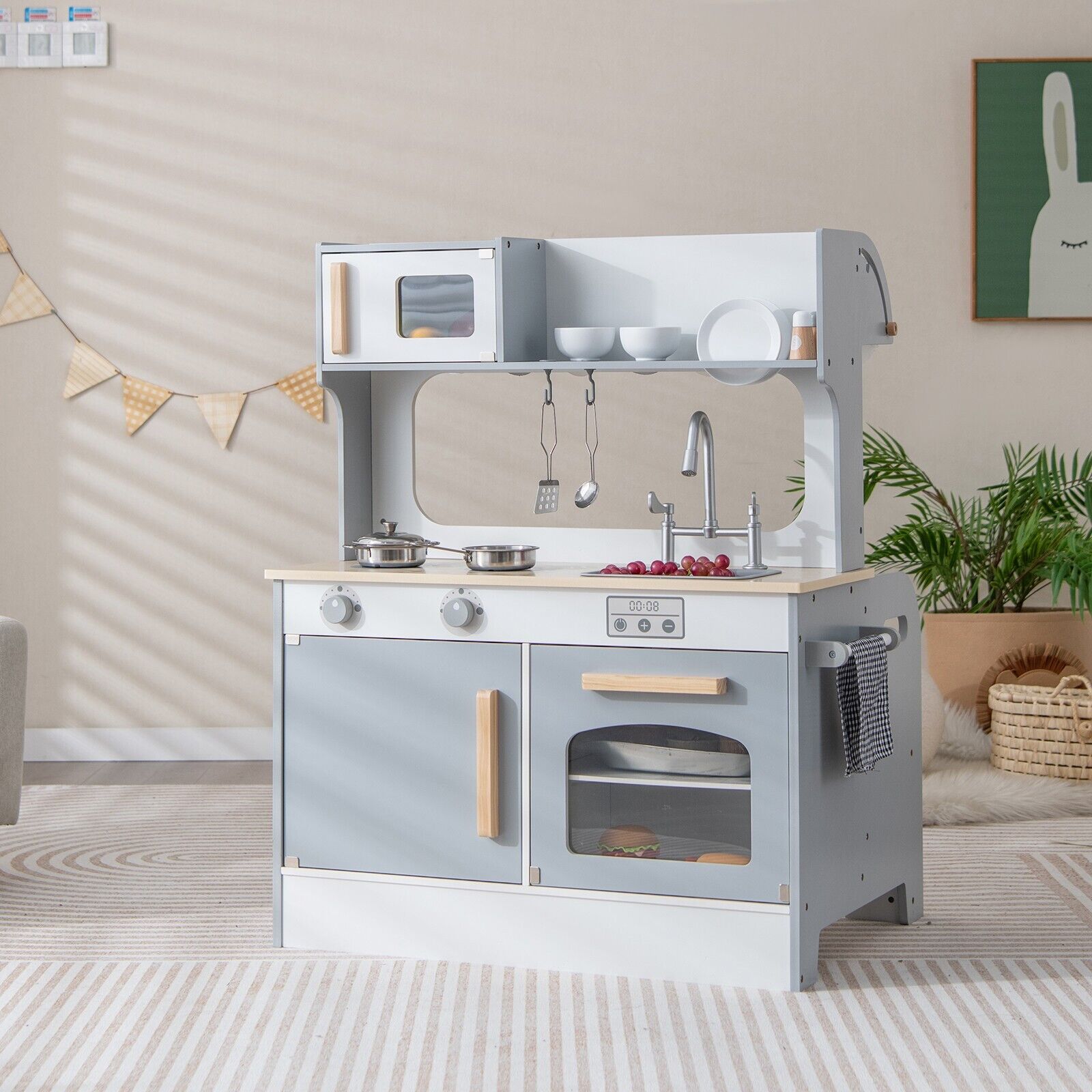 Double Sided Kids Kitchen Playset with Microwave Sink Oven-Grey