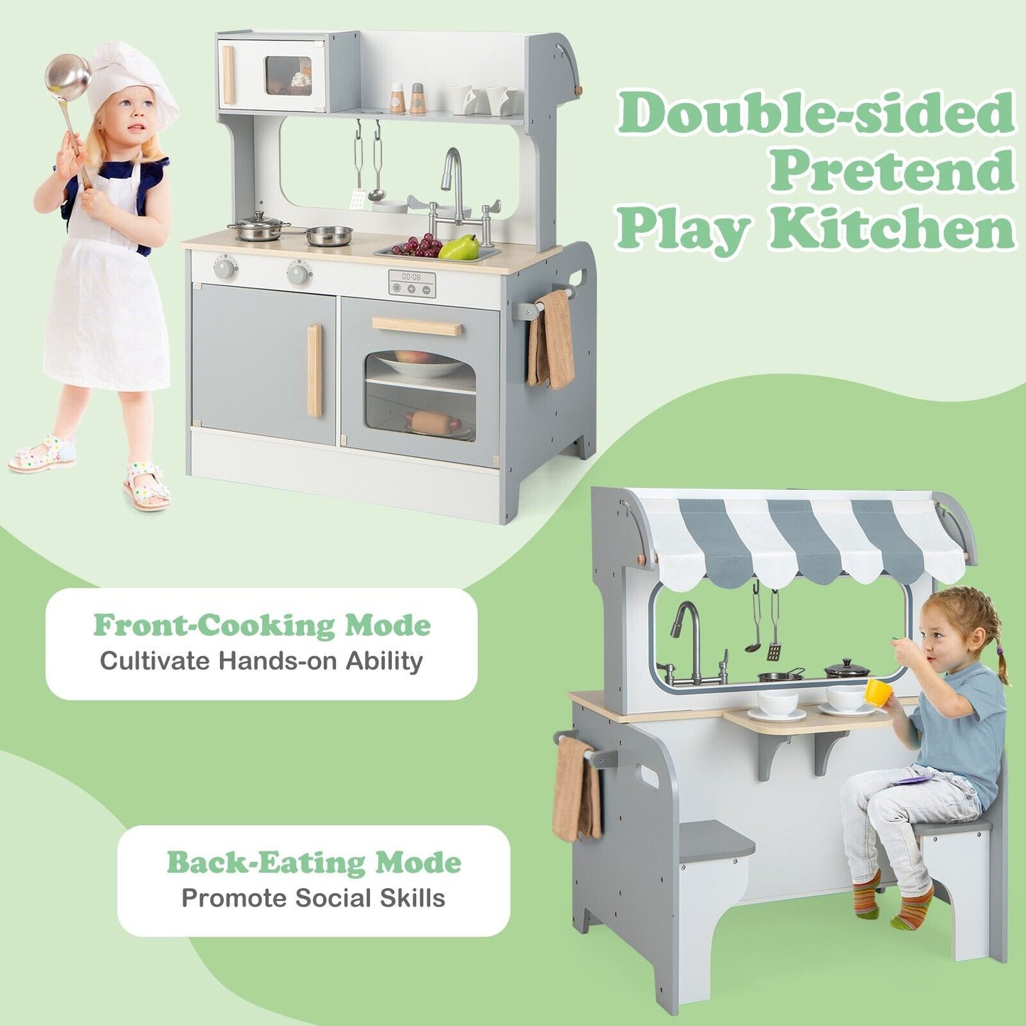 Double Sided Kids Kitchen Playset with Microwave Sink Oven-Grey