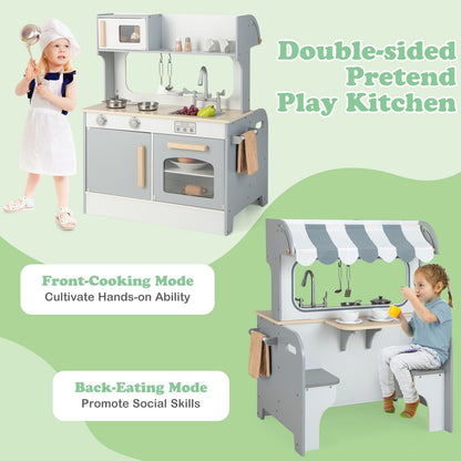 Double Sided Kids Kitchen Playset with Microwave Sink Oven-Grey
