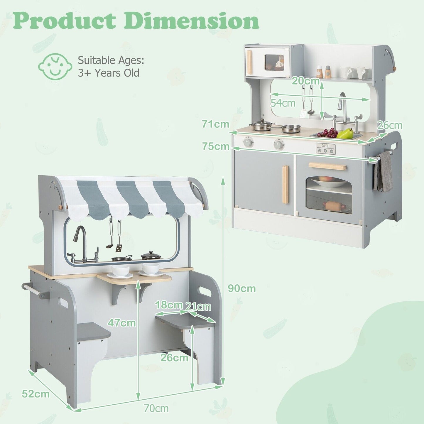 Double Sided Kids Kitchen Playset with Microwave Sink Oven-Grey