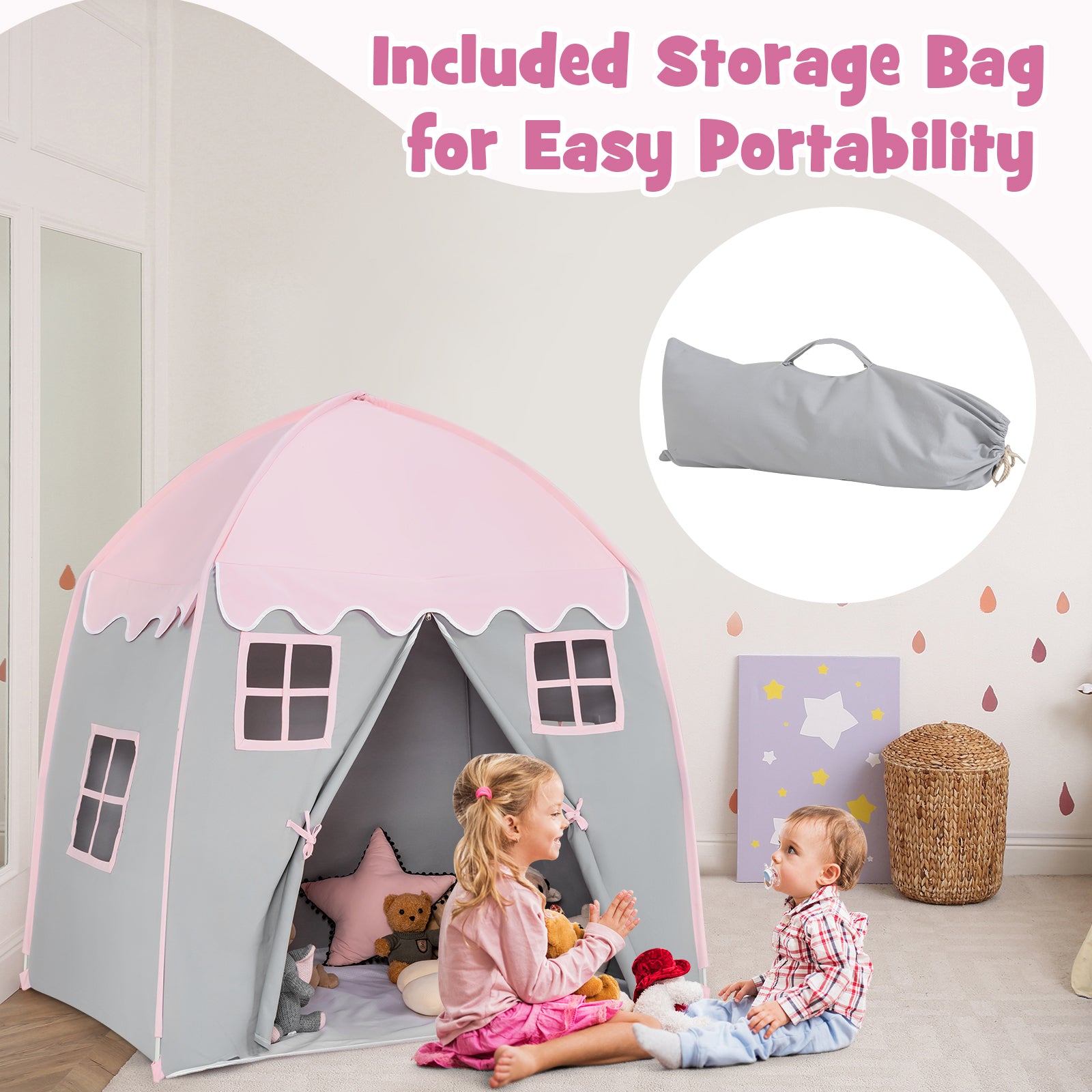Large Indoor Outdoor Portable Fairy Kids Play Tent with Storage Bag -Pink