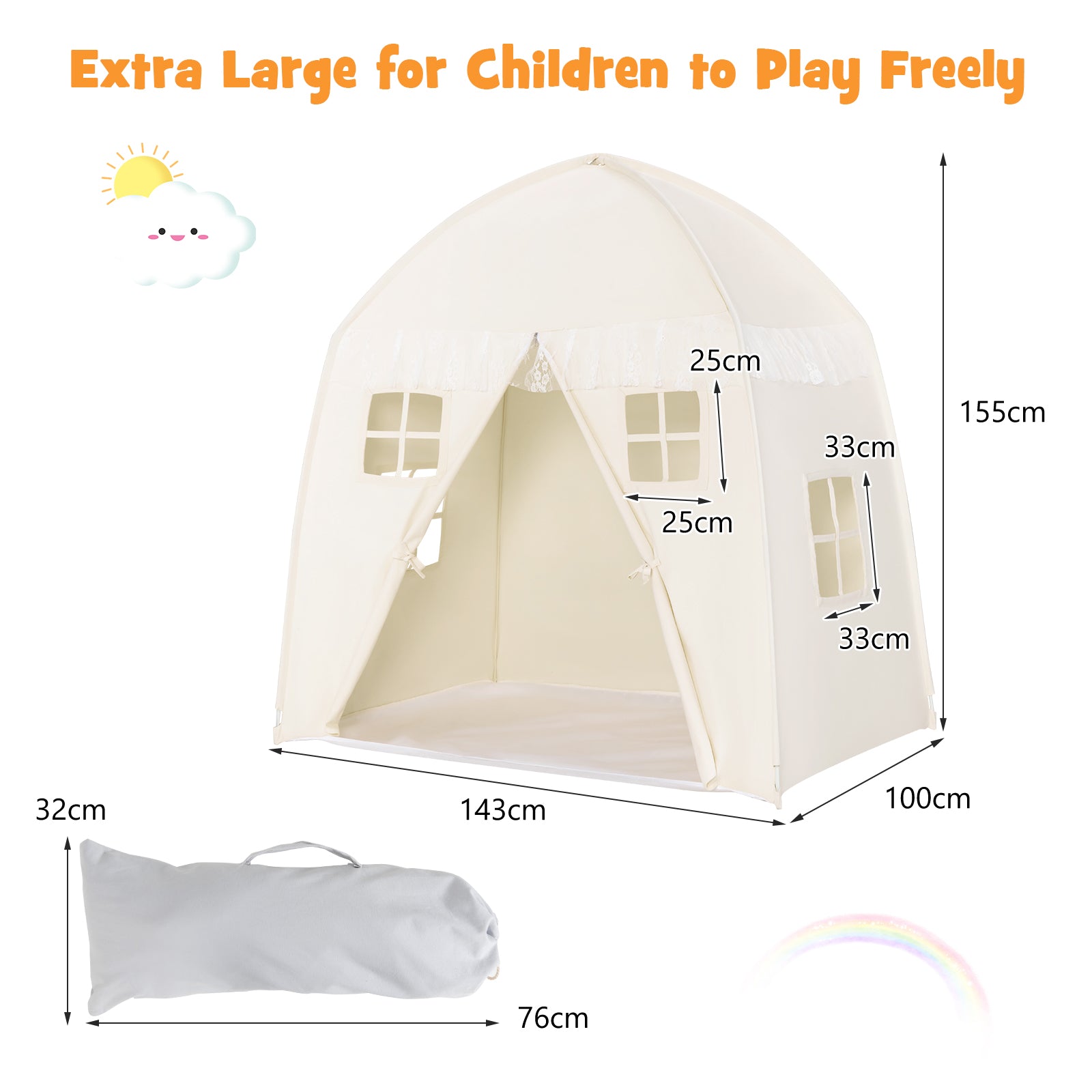Large Indoor Outdoor Portable Fairy Kids Play Tent with Storage Bag -White