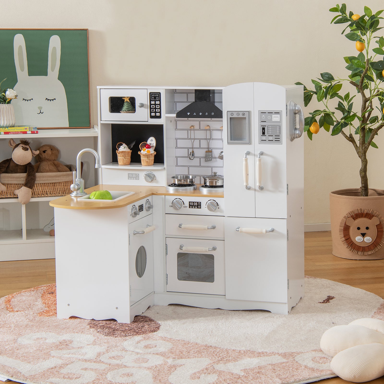 Kid's Corner Kitchen Playset Wooden Play Kitchen with Stove-White