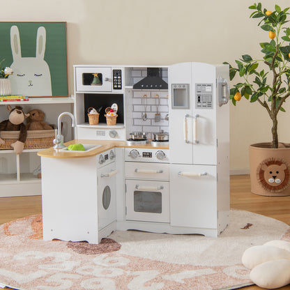 Kid's Corner Kitchen Playset Wooden Play Kitchen with Stove-White
