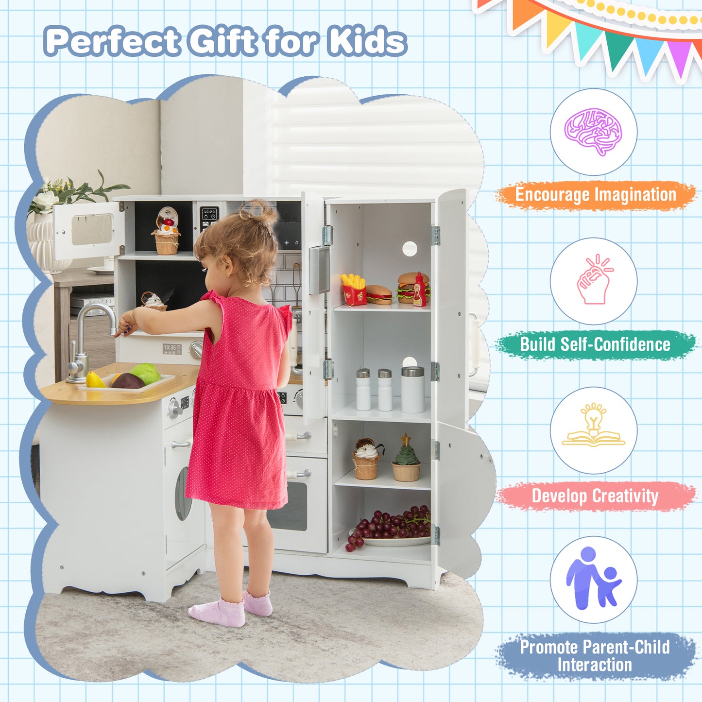 Kid's Corner Kitchen Playset Wooden Play Kitchen with Stove-White