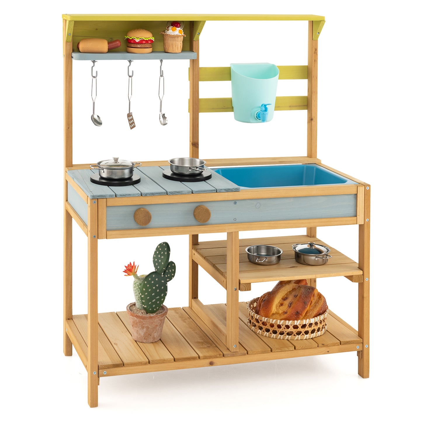 Wooden Play Kitchen Set with Faucet and Water Box
