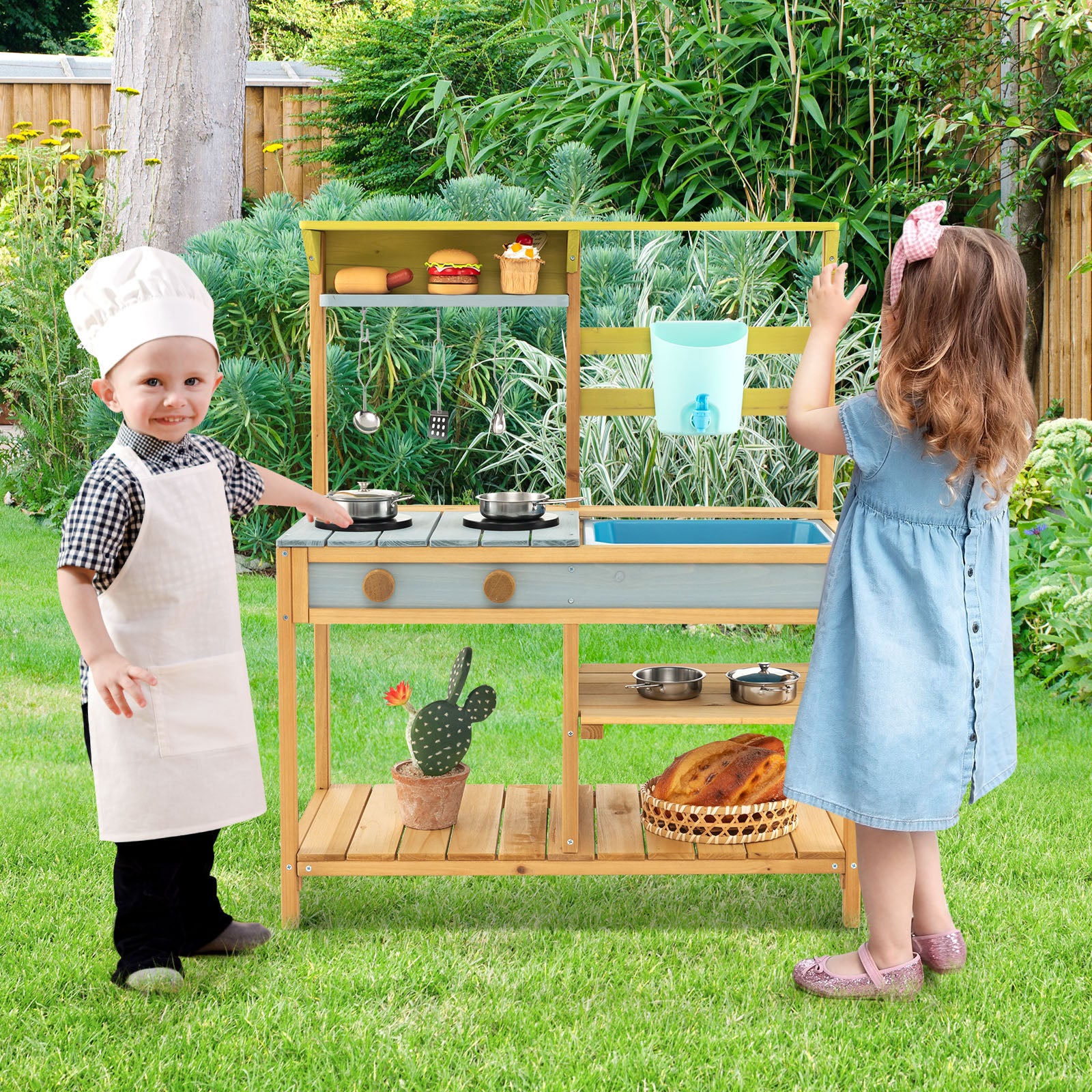 Wooden Play Kitchen Set with Faucet and Water Box