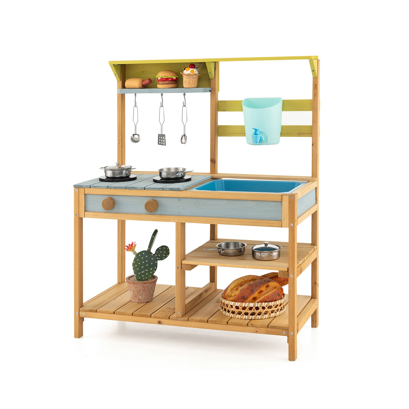 Wooden Play Kitchen Set with Faucet and Water Box