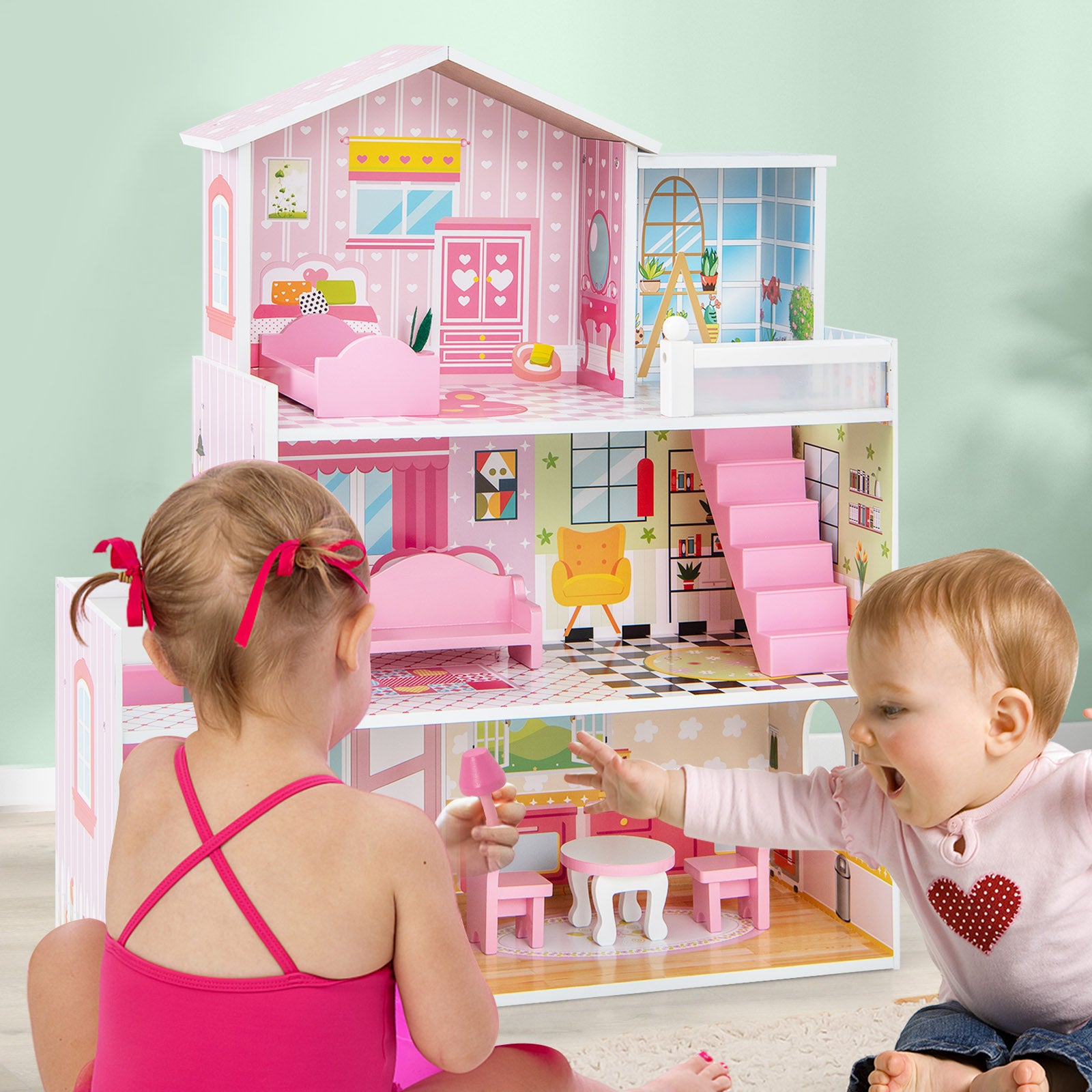 Kids Wooden Dollhouse DIY Pretend for Toddlers 3-7 Years Old-Pink
