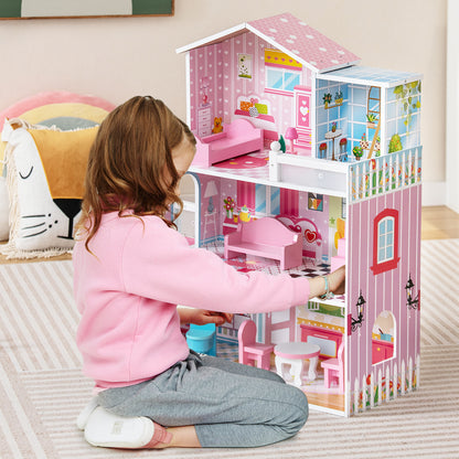 Kids Wooden Dollhouse DIY Pretend for Toddlers 3-7 Years Old-Pink