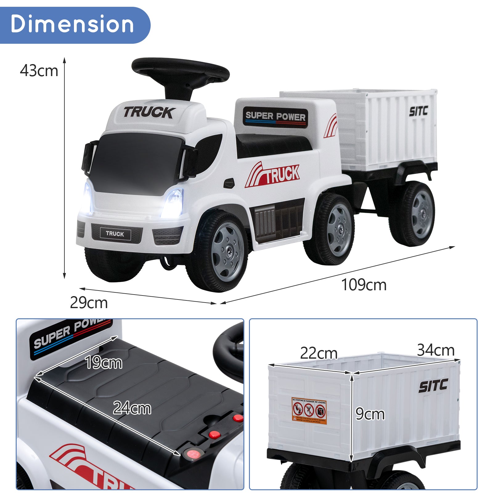 Kids Ride on Truck with Detachable Container for 18-36 Months-White