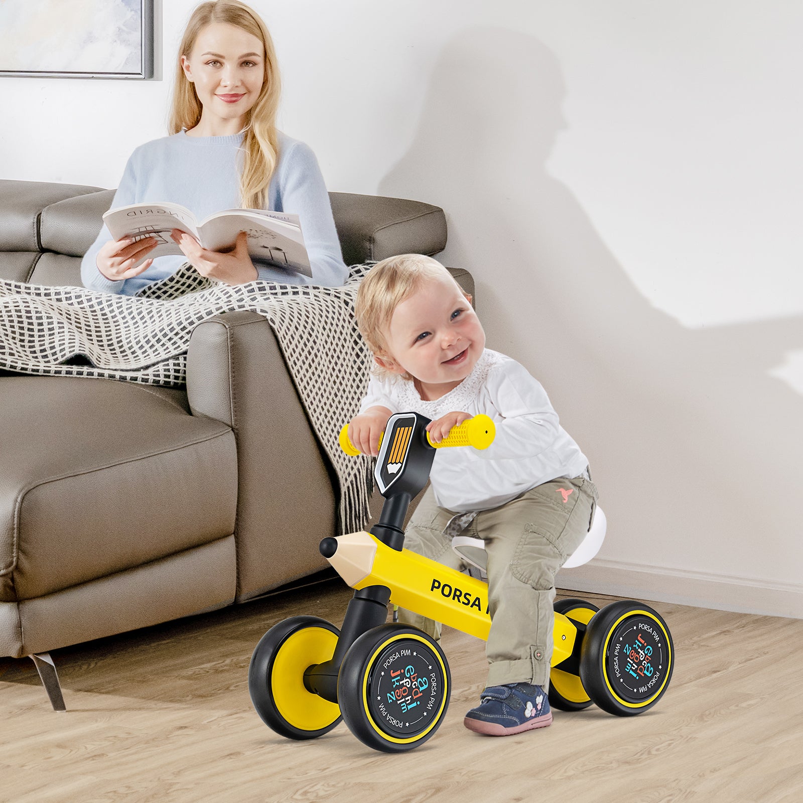 Baby Balance Bike with 4 Silent EVA Wheels for 10-24 Months Old-Yellow