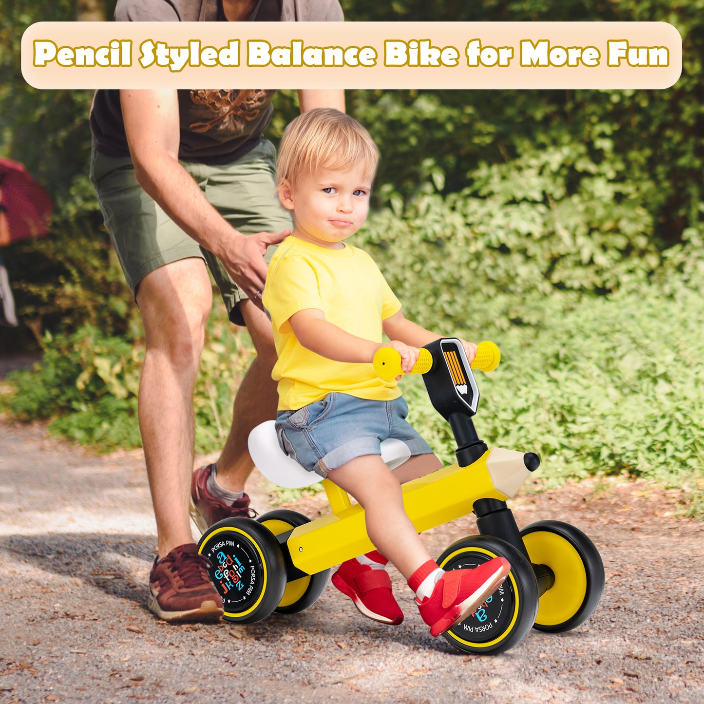Baby Balance Bike with 4 Silent EVA Wheels for 10-24 Months Old-Yellow