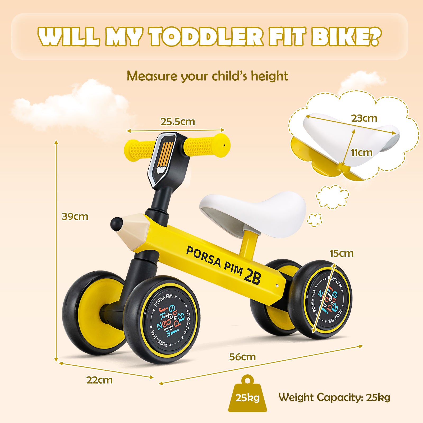 Baby Balance Bike with 4 Silent EVA Wheels for 10-24 Months Old-Yellow