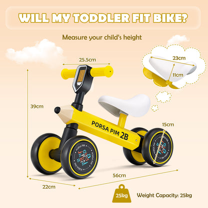 Baby Balance Bike with 4 Silent EVA Wheels for 10-24 Months Old-Yellow