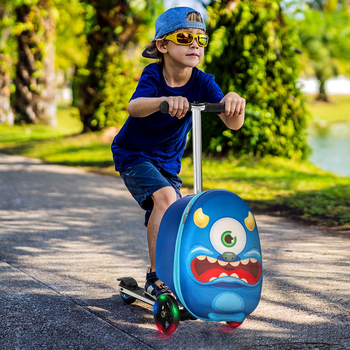 2-in-1 Folding Kids Scooter with Suitcase and 3 Color Lighted Wheels-Navy