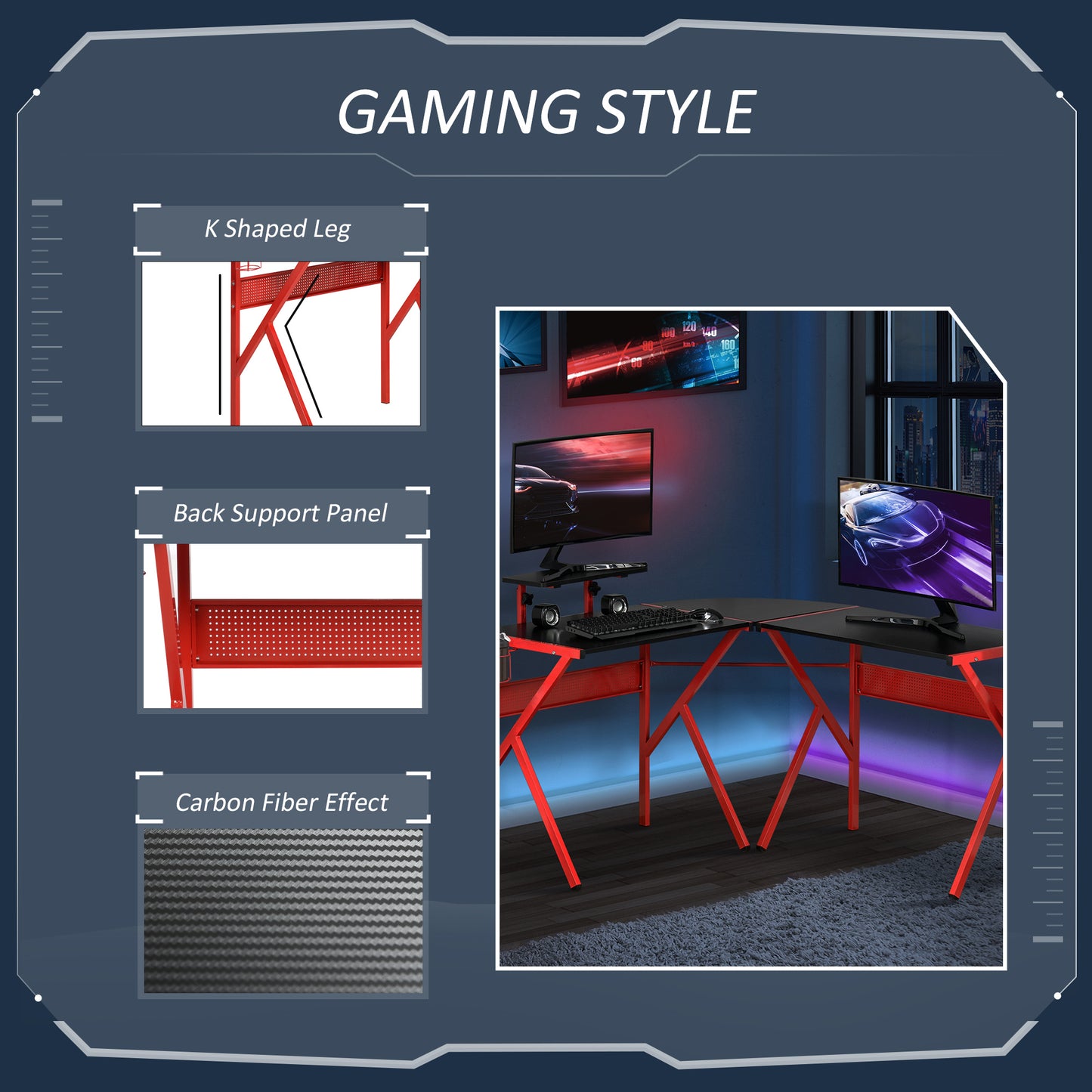 HOMCOM Gaming Desk L-Shaped Corner Computer Table for Home Office PC Workstations with Adjustable Monitor Stand , Red
