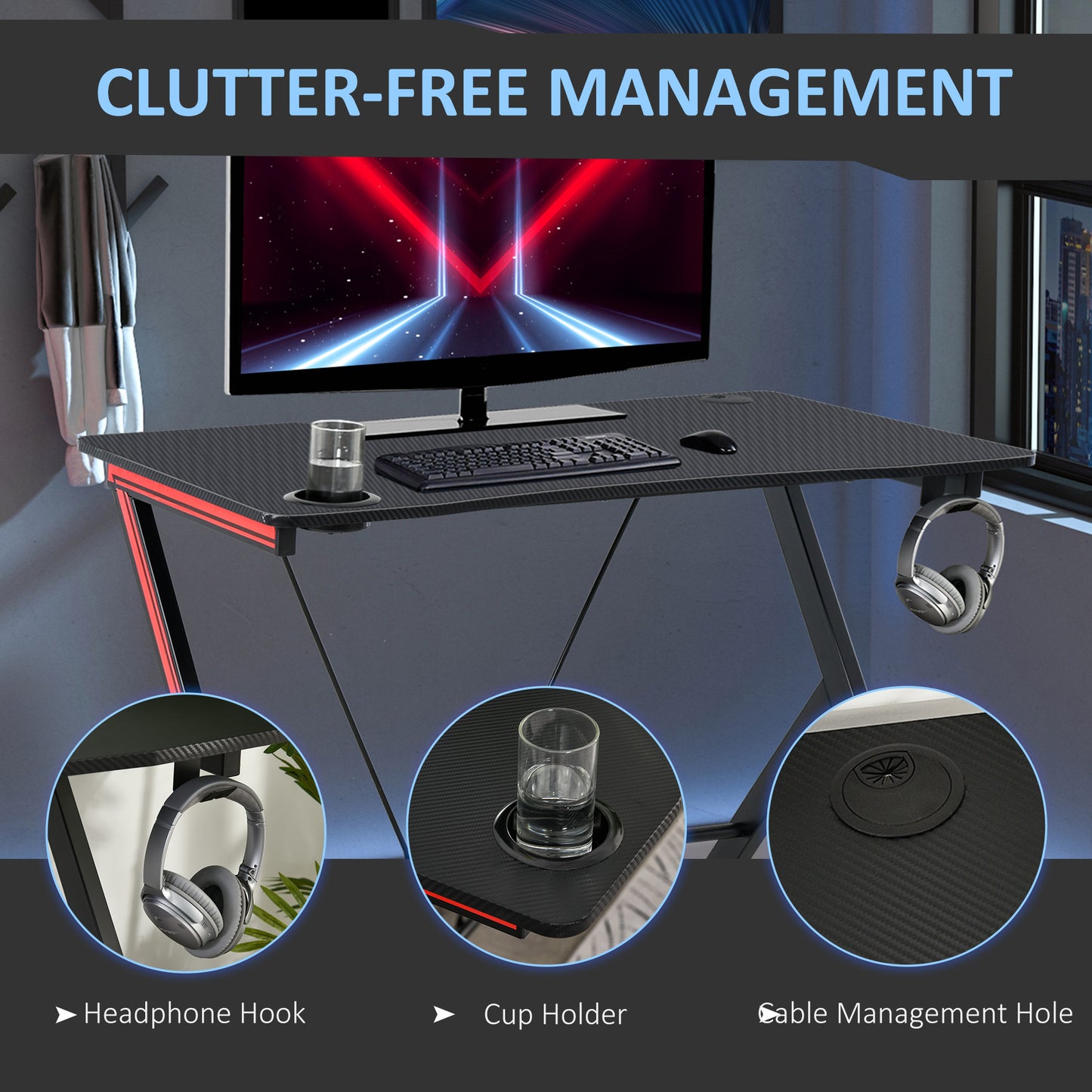 HOMCOM 120cm Gaming Computer Desk, Home Office Gamer Table Workstation with Cup Holder and Headphone Hook
