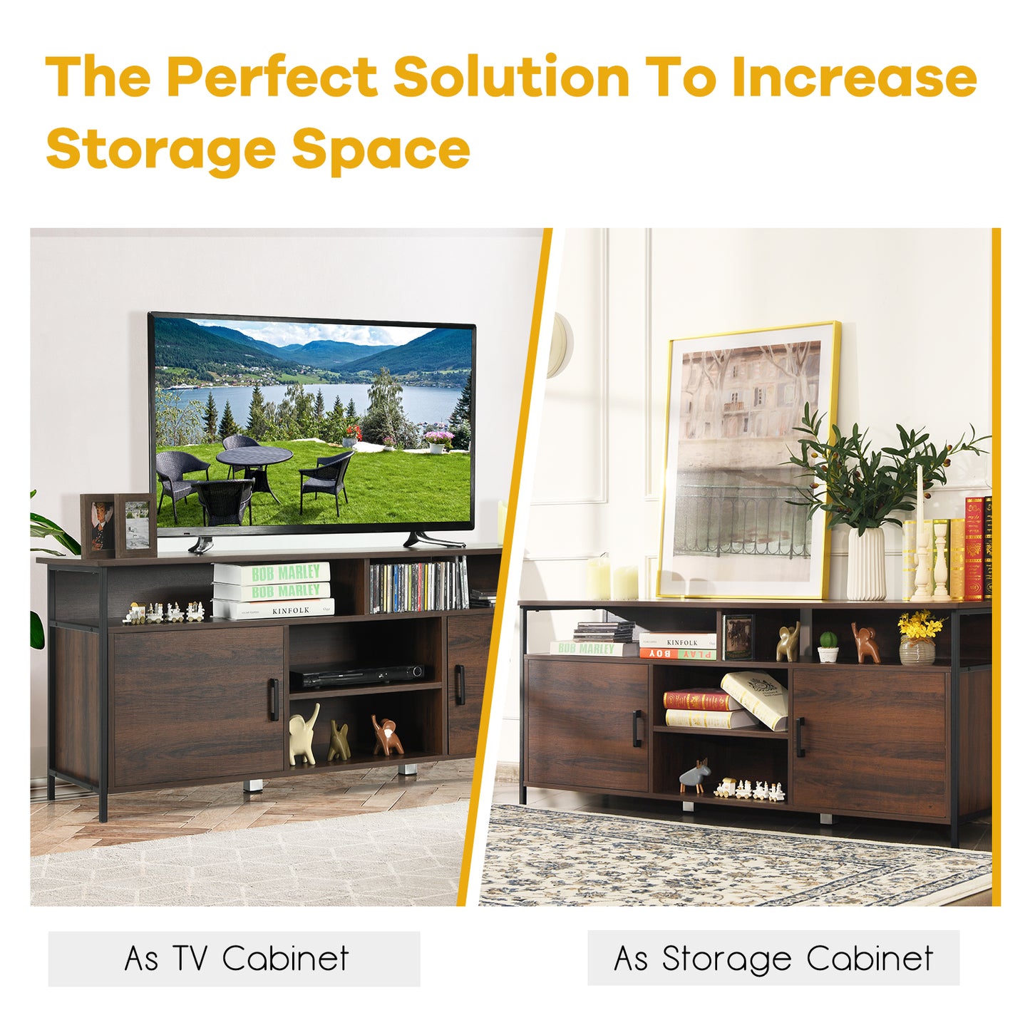 Mid-century TV Stand with Adjustable Shelves and Large Storage Space