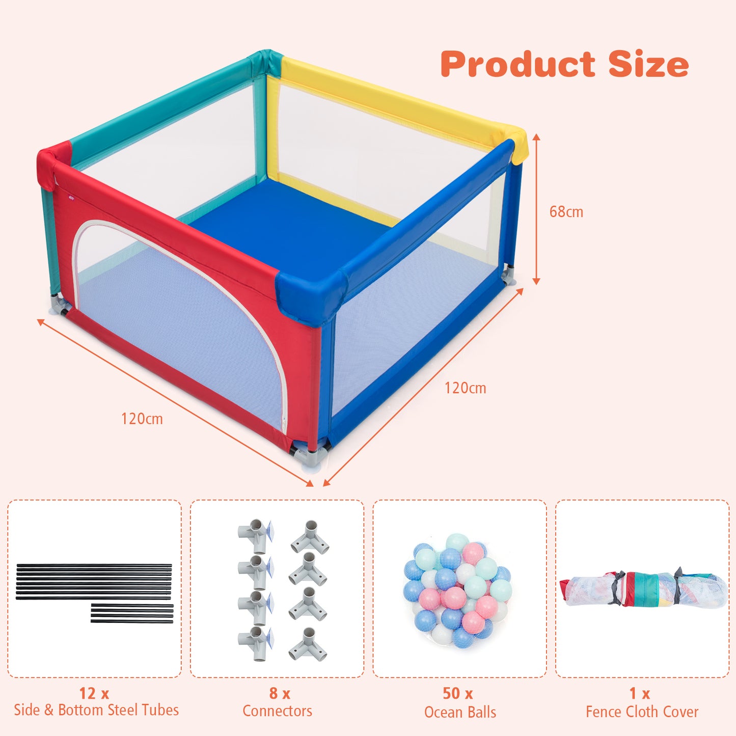 Playpen Baby Toddlers Safety Activity Fence with 50 Ocean Balls-Colourful