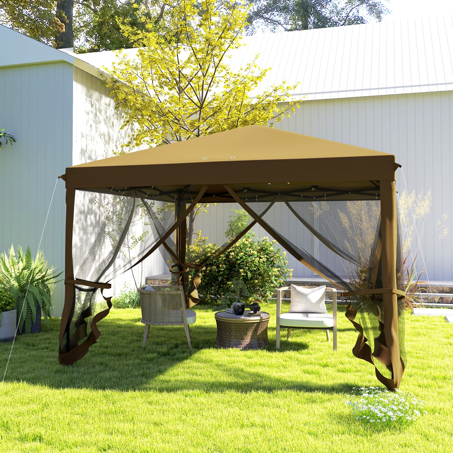 Outsunny 3 x 3 m Pop Up Gazebo, 420D Garden Tent Canopy with Removable Mesh Sidewall Netting, Carry Bag for Garden Patio Outdoor, Khaki