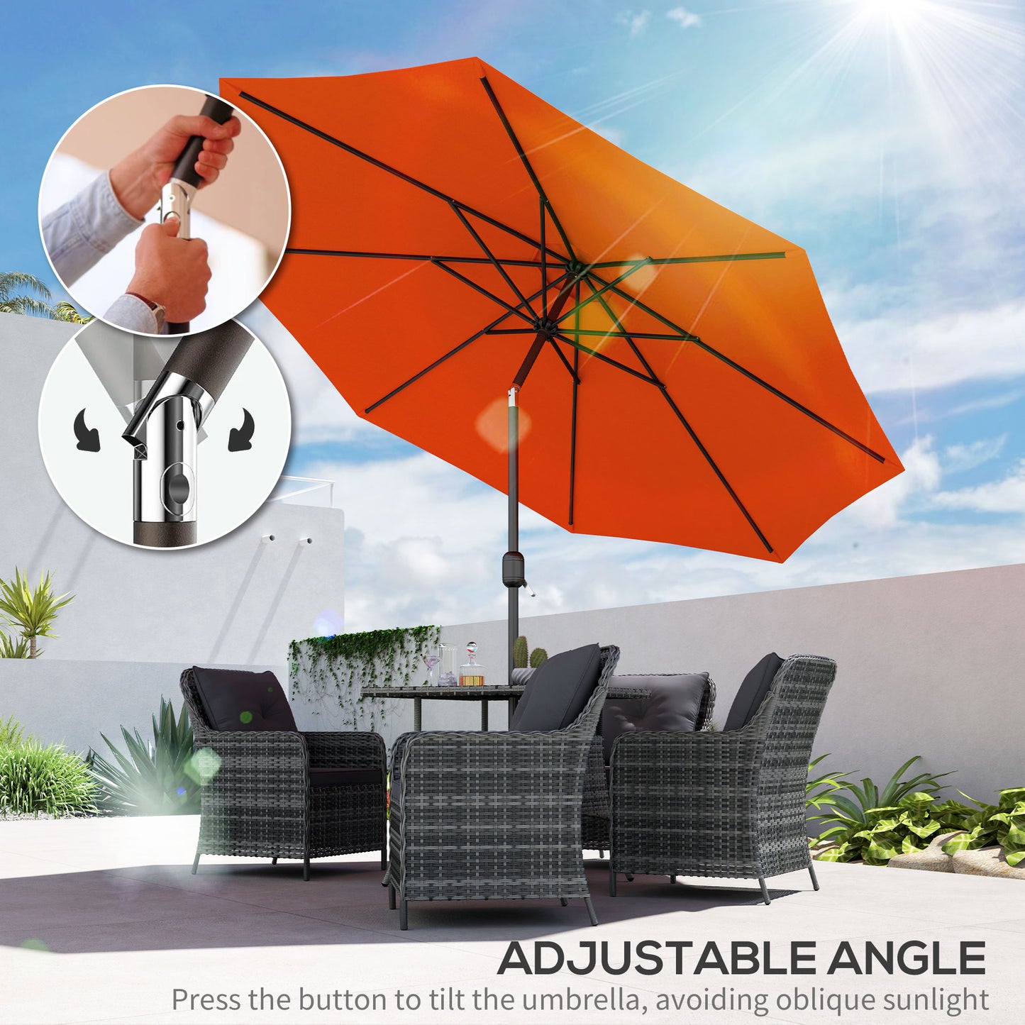Outsunny 3(m) Garden Parasol Umbrellas, Outdoor Sun Shade with 8 Ribs, Tilt and Crank Handle for Balcony, Bench, Garden, Orange
