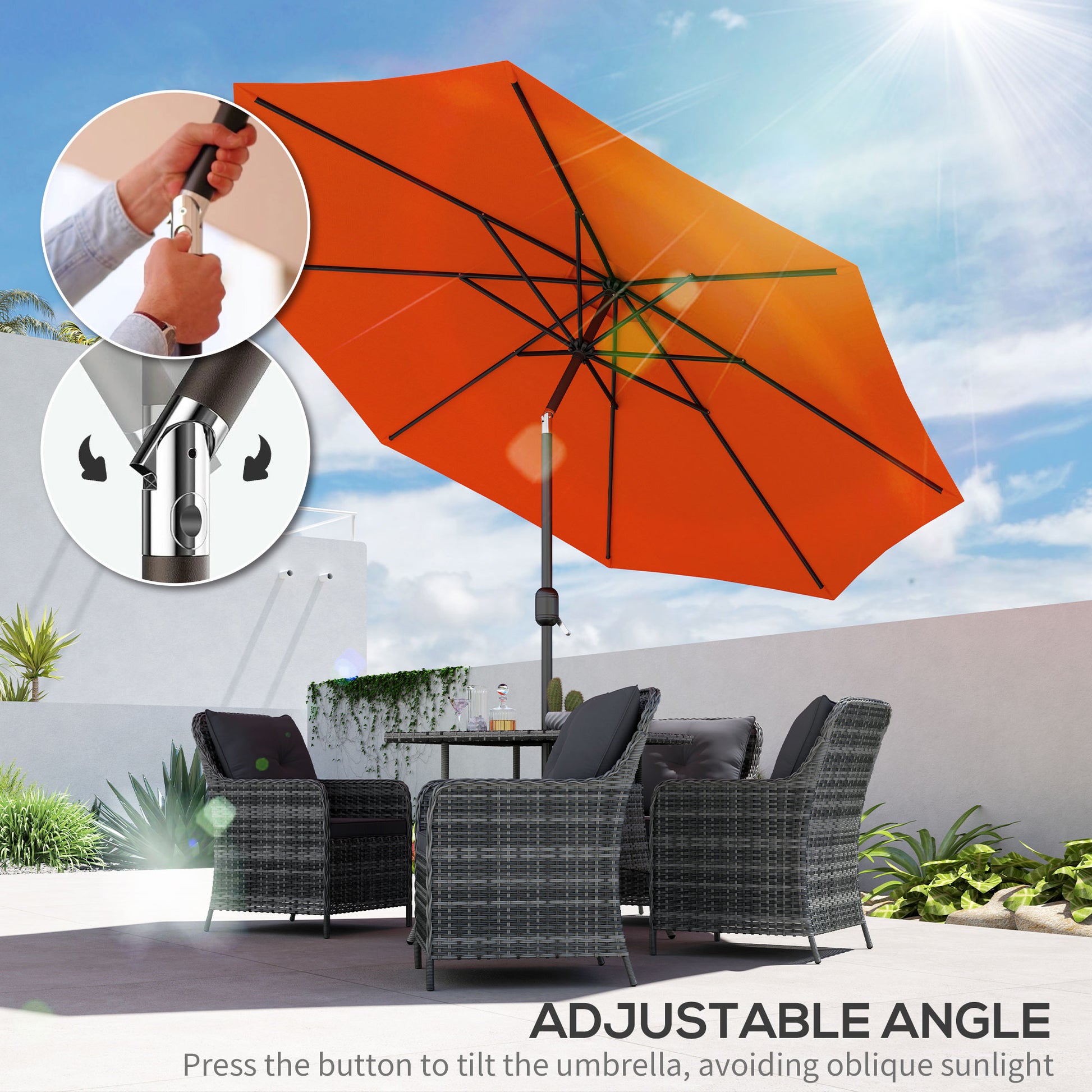Outsunny 3(m) Garden Parasol Umbrellas, Outdoor Sun Shade with 8 Ribs, Tilt and Crank Handle for Balcony, Bench, Garden, Orange